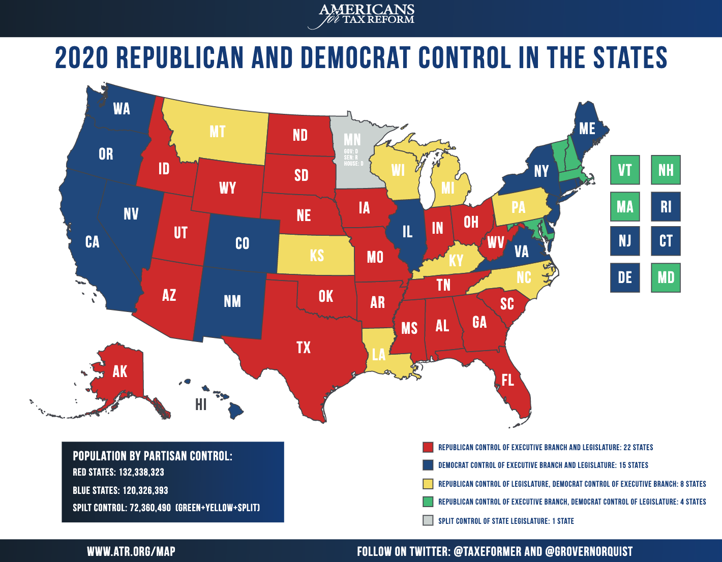 Bản đồ thể hiện quyền kiểm soát của hai đảng Cộng hòa và Dân chủ ở các tiểu bang. Ảnh: atr.org.